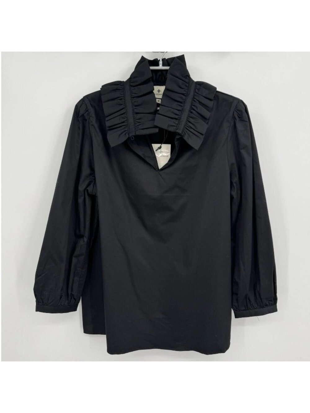 Tuckernuck Black Stretch Poplin Ruffle Neck Bouvier Blouse Career Top size M NWT
